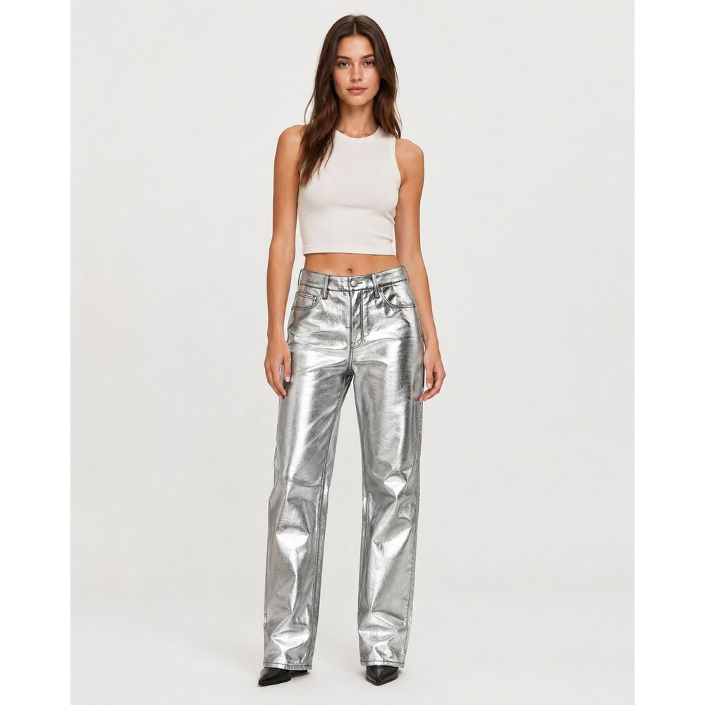 Good American Silver Metallic Faux Leather Straight Leg Pants Women’s Size 6/28